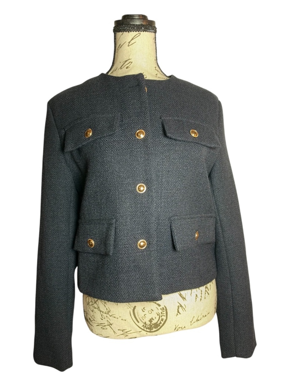 Navy Collarless Cropped Jacket Gold Buttons Four Pocket Textured Size S